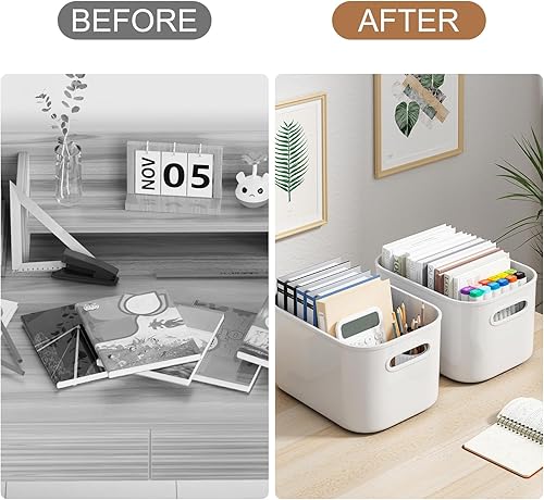 Miniatura 7 de Paquete de 8 Contenedores de Almacenamiento Blancos con Tapas Contenedor de Almacenamiento Apilable para Organizar, Cajas de Almacenamiento con Asa