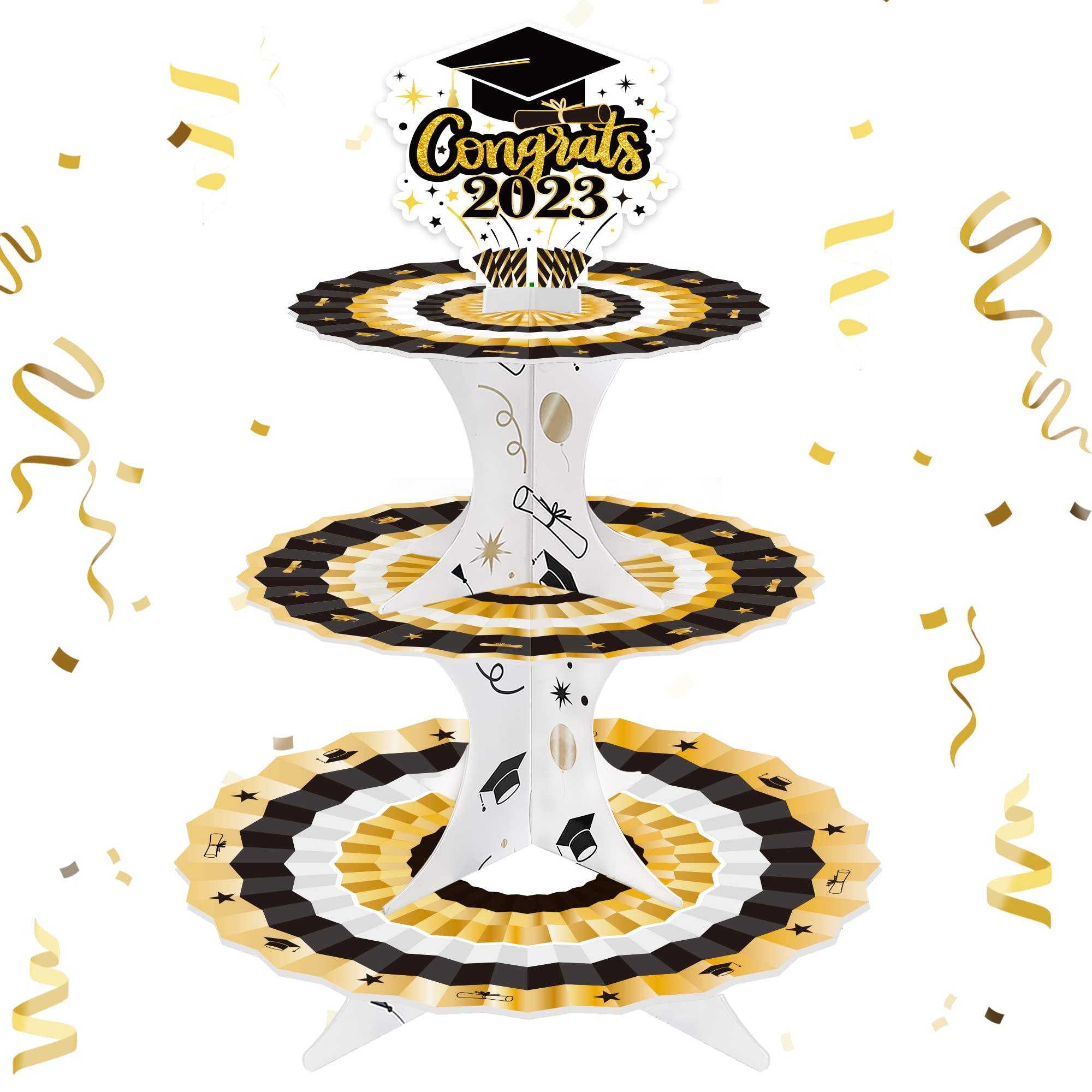 Photo 1 of Graduation Decorations Cupcake Stand, 2023 Graduation Theme Party Supplies for Celebration College and High School Party Cupcake Decoration 3 Tier Cardboard Service Trays
