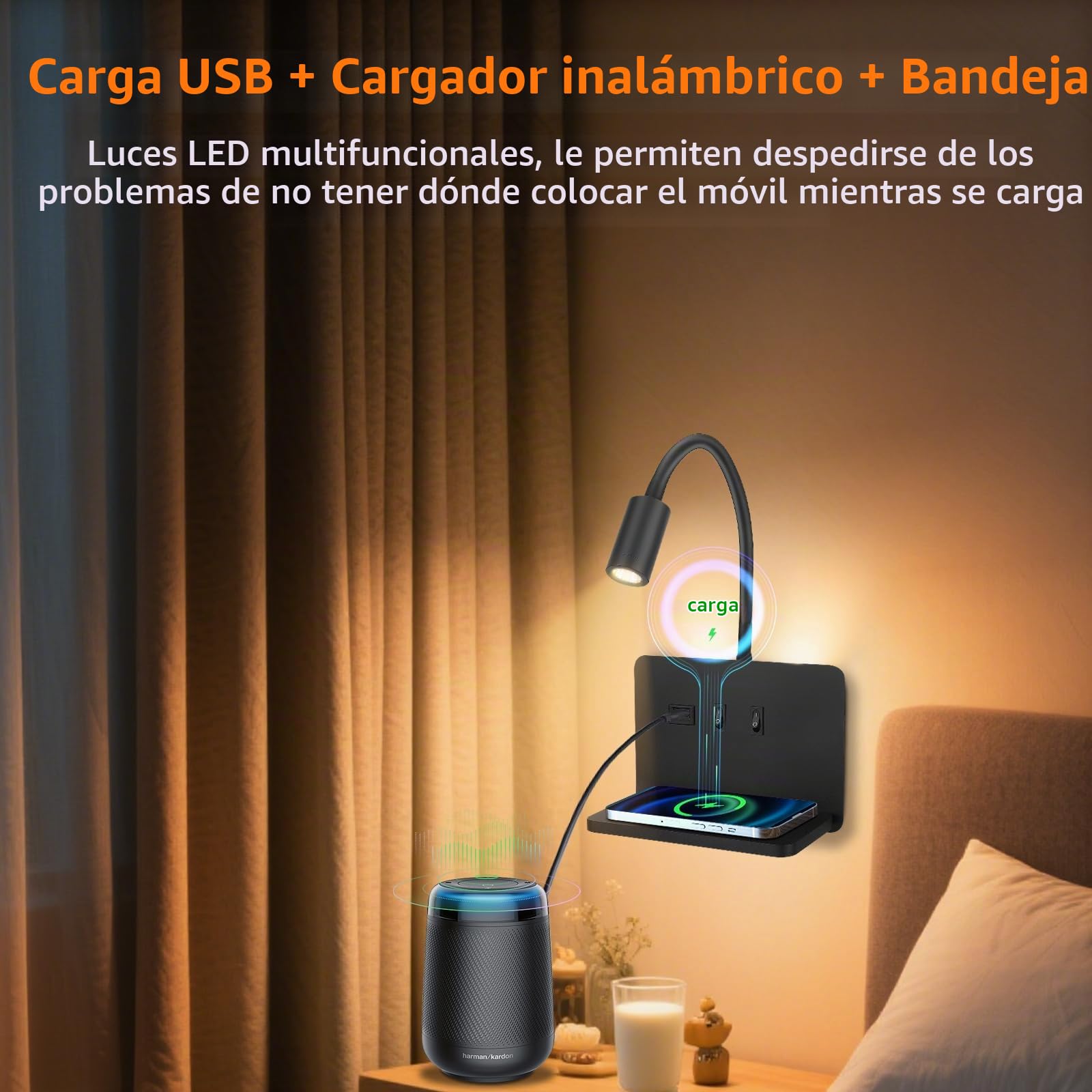 luz de lectura pared con Puerto de Carga USB y Carga inalámbrica, Lámpara de pared LED 3W + 9W 3000K, Regulable Iluminación Ambiental de Dormitorio (Negro)