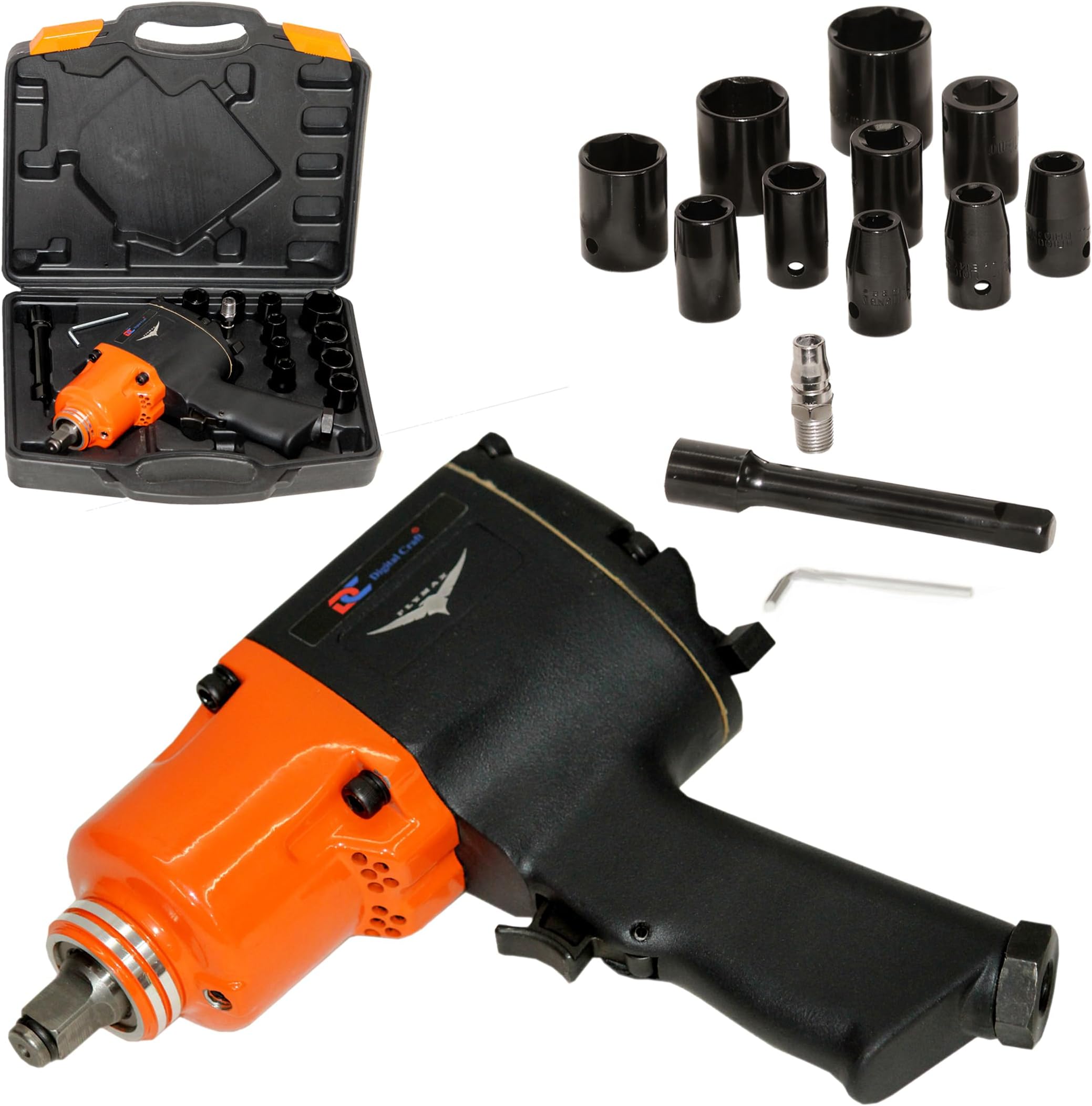 Digital Craft Pneumatic Air Impact Wrench Kit 980Nm Torque, 1/2 Inch Drive Metric Impact Gun with Hex Sockets, Heavy Duty Rattle Tool Set for Auto Repair and Garage Use
