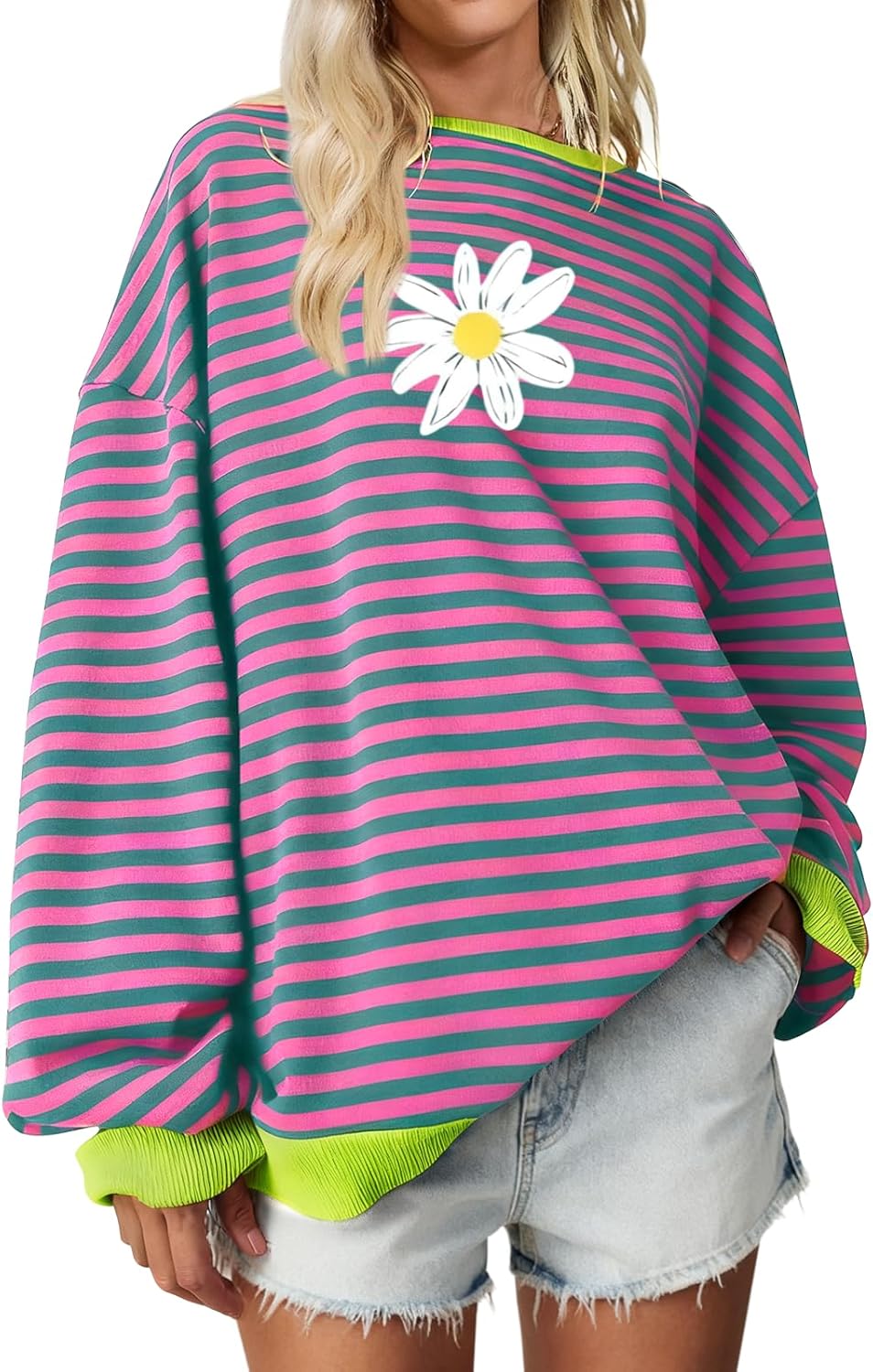 HEYTALALA Womens Oversized Striped Sweatshirts Y2K Long Sleeve Crewneck Sweater Color Block Drop Shoulder Loose Pullover Tops