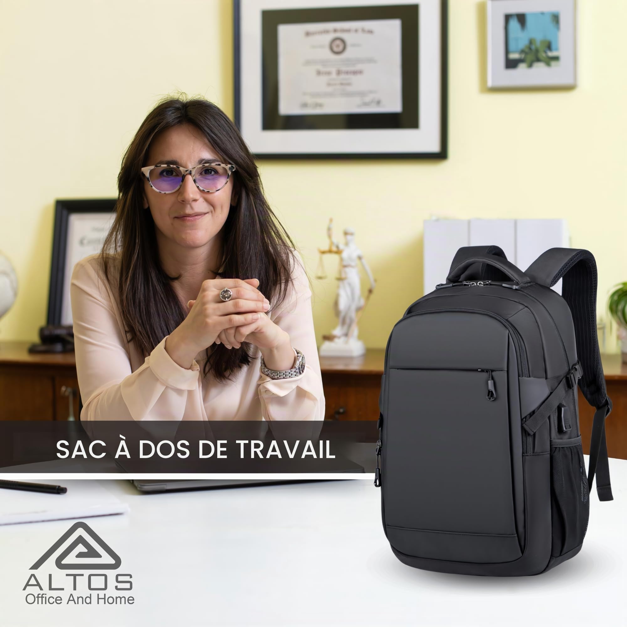 ALTOS OFFICE AND HOME Sac à dos pour ordinateur portable, voyage d'affaires et d'étude, port USB, ordinateur portable jusqu'à 15,6", noir, antivol, idéal pour la randonnée, imperméable, résistant aux