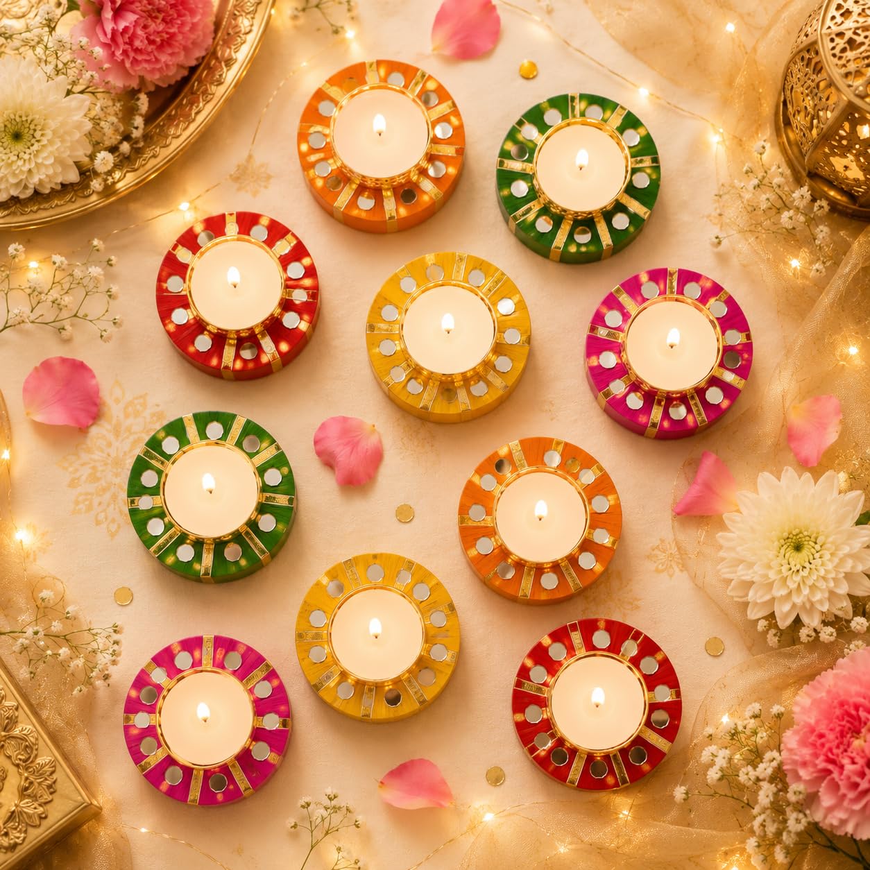 Pack of 10- Handmade Multicolor Tealight Diya Holder with Mirror Work for Diwali, Navratri, Ganesh Chaturthi | Home Decoration and Gifting-image-24
