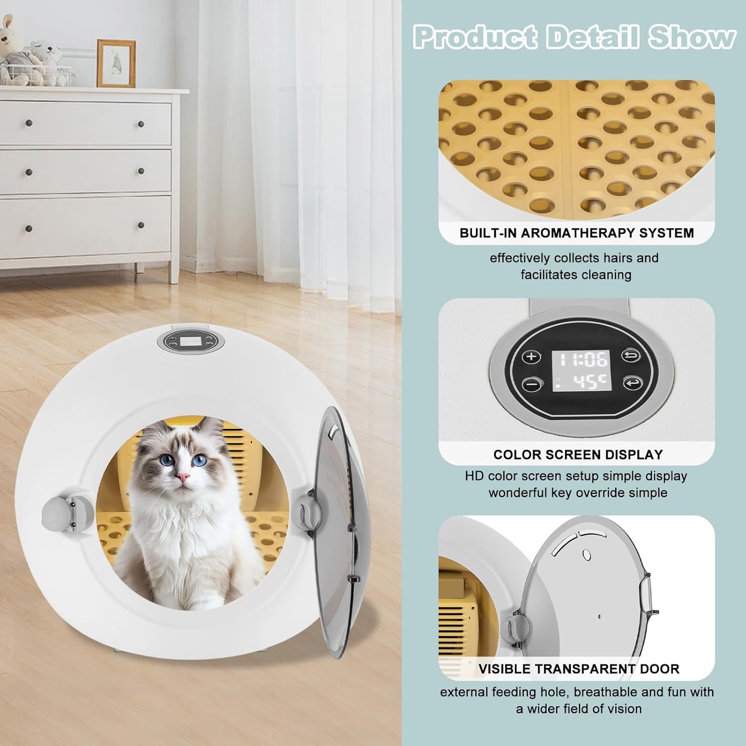 Pet Dryer Box for Cats and Small Dogs Within 7.5kg/16.53lbs, 5-90Minute Drying, 45dB Ultra Quiet Automatic Cat Dryer Box, 360° Full Body Drying with Light Safe Door Lock and Screen Display