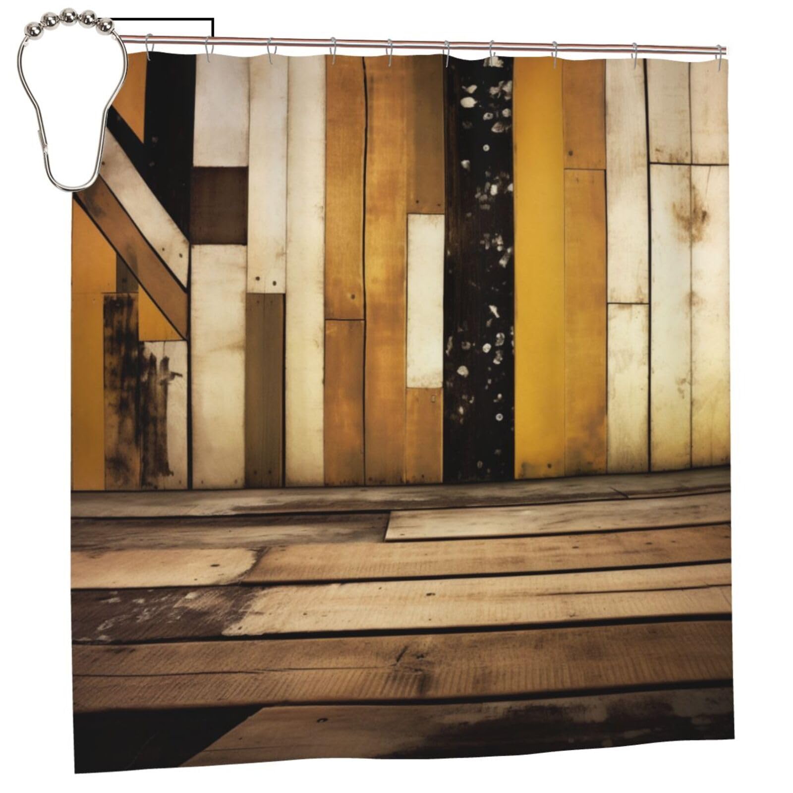 BWWHCCTI Rustic Wooden Printed Shower Curtain With 12 Iron Hooks Opaque Quick Drying Waterproof Shower Curtains Sets For Bathroom 183x183 CM