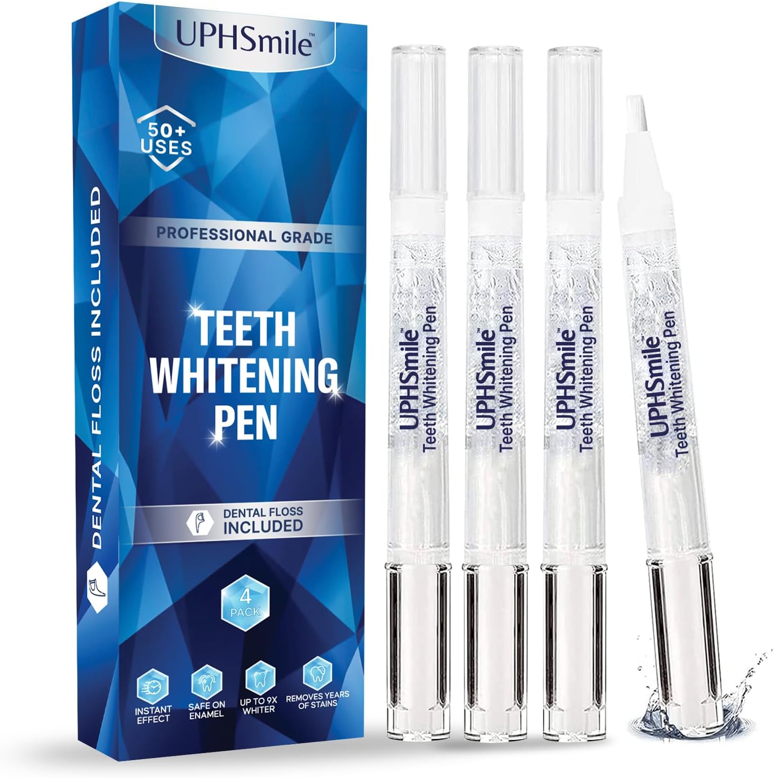 UPHSmileTeeth Whitening Pen (4 Pens) - 50+ Uses, Non-Sensitive - Removes Years of Stains - Safe for Enamel โ 100% Natural Formula, Dentist Formulated, Travel-Friendly + Tooth Floss Included