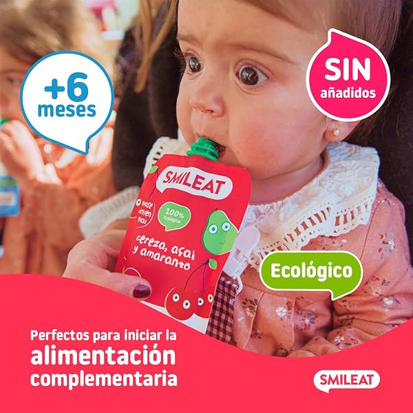 Smileat - Pouch de Frutas Ecológicas - Sin Sal ni Azúcar Añadido, Sin Gluten - Snack Práctico para Peques - Sabor a Cereza, Açai y Amaranto - 3