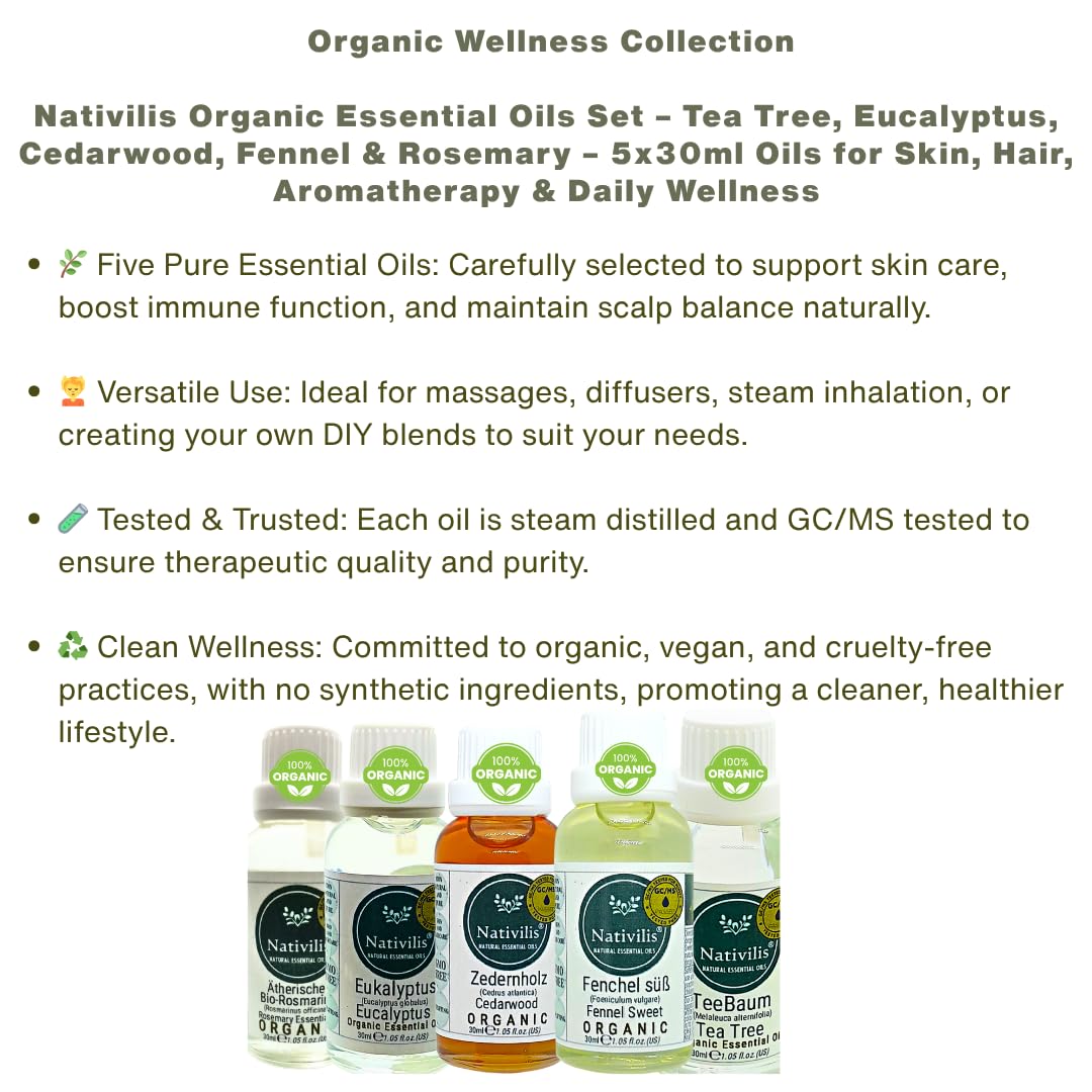 Nativilis Bio Ätherische Öle Set – Teebaum, Eukalyptus, Zedernholz, Fenchel & Rosmarin – 5 x 30 ml – Für Aromatherapie, Haut- & Haarpflege