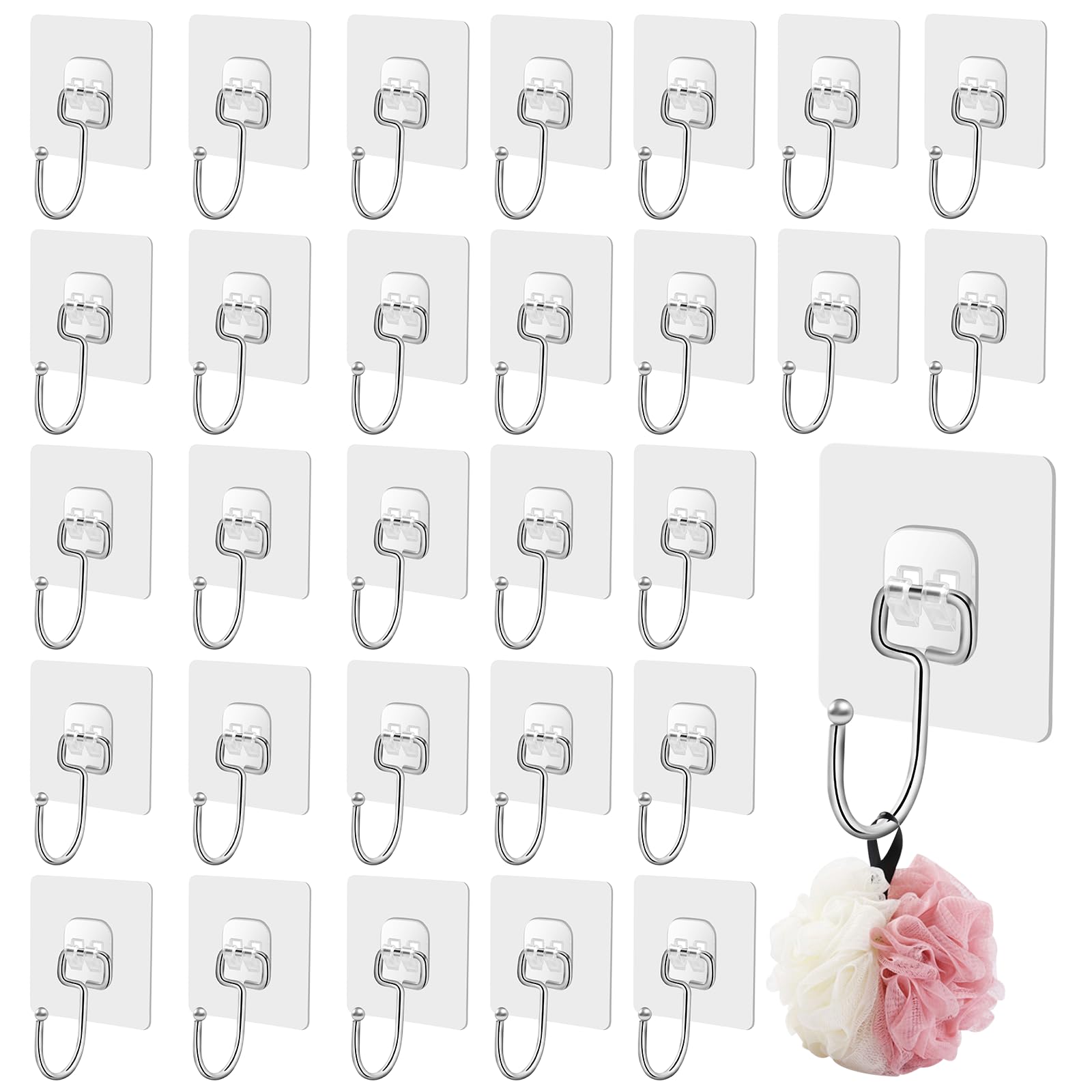 30 Pack Self Adhesive Hooks Large Adhesive Hook Hanging Hooks Self Adhesive Sticky Wall Hooks Transparent Adhesive Hooks Waterproof Removable Kitchen Hooks for Bathroom Office Ceiling 15Kg(Max)