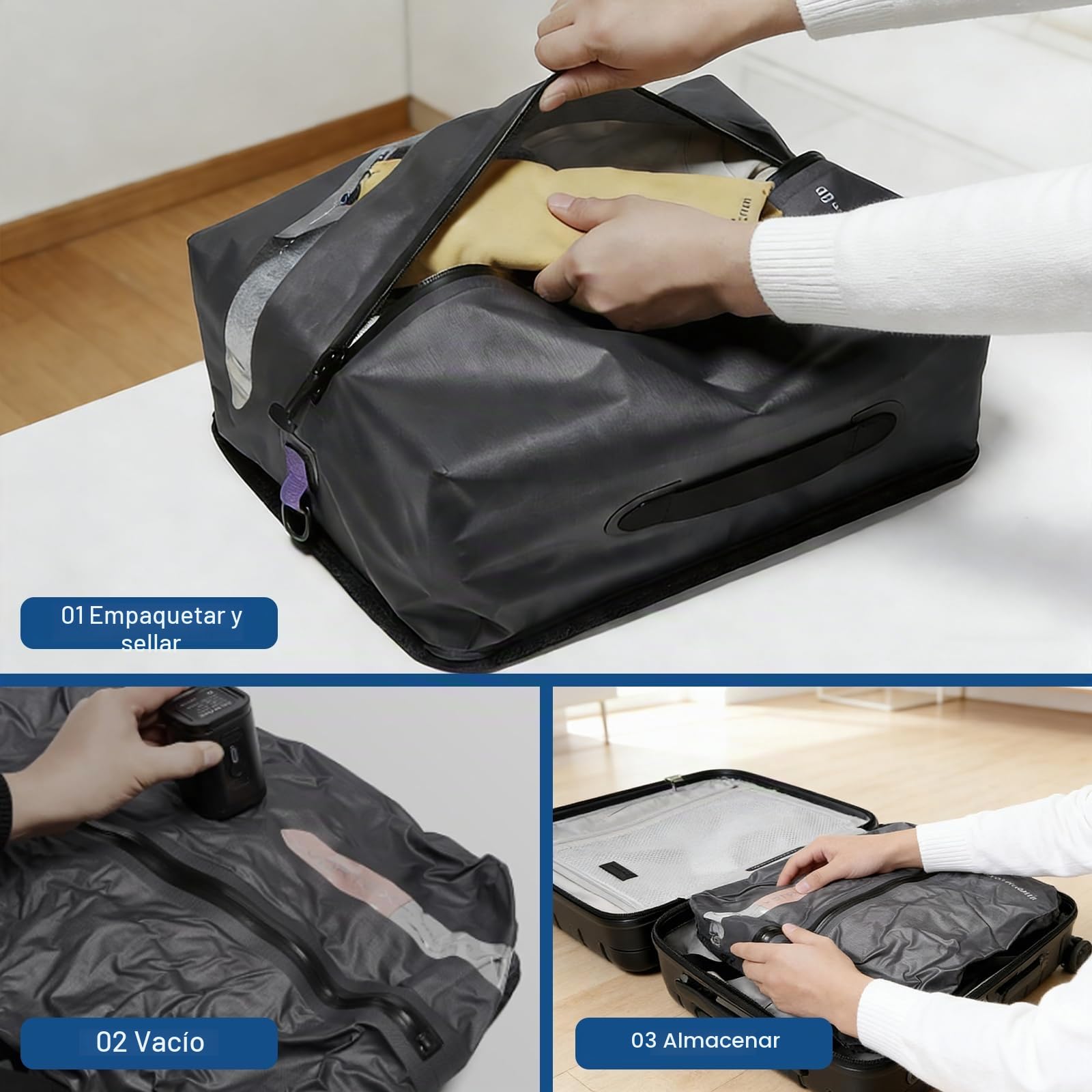 3 Piezas Bolsas Vacio Ropa, Bolsas Vacio Ropa Viaje, Bolsas Compresion Viaje, con ventana transparente y asa, ahorra espacio, para maleta, mochila