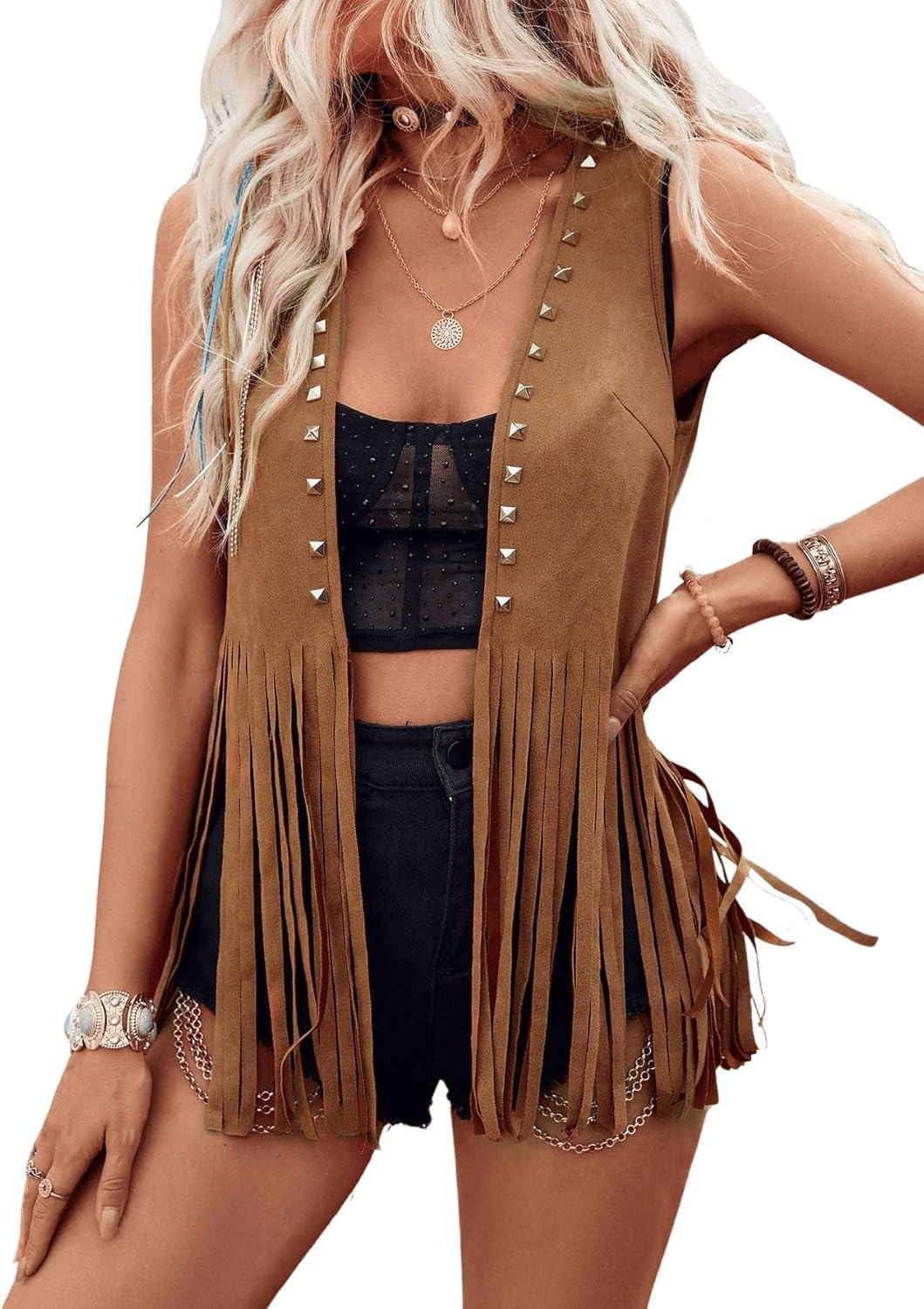 LYSINK Chaleco con borlas para mujer, estilo hippie de los años 70, vaquera, occidental, de gamuza sintética, sin mangas, con flecos, ropa de calle