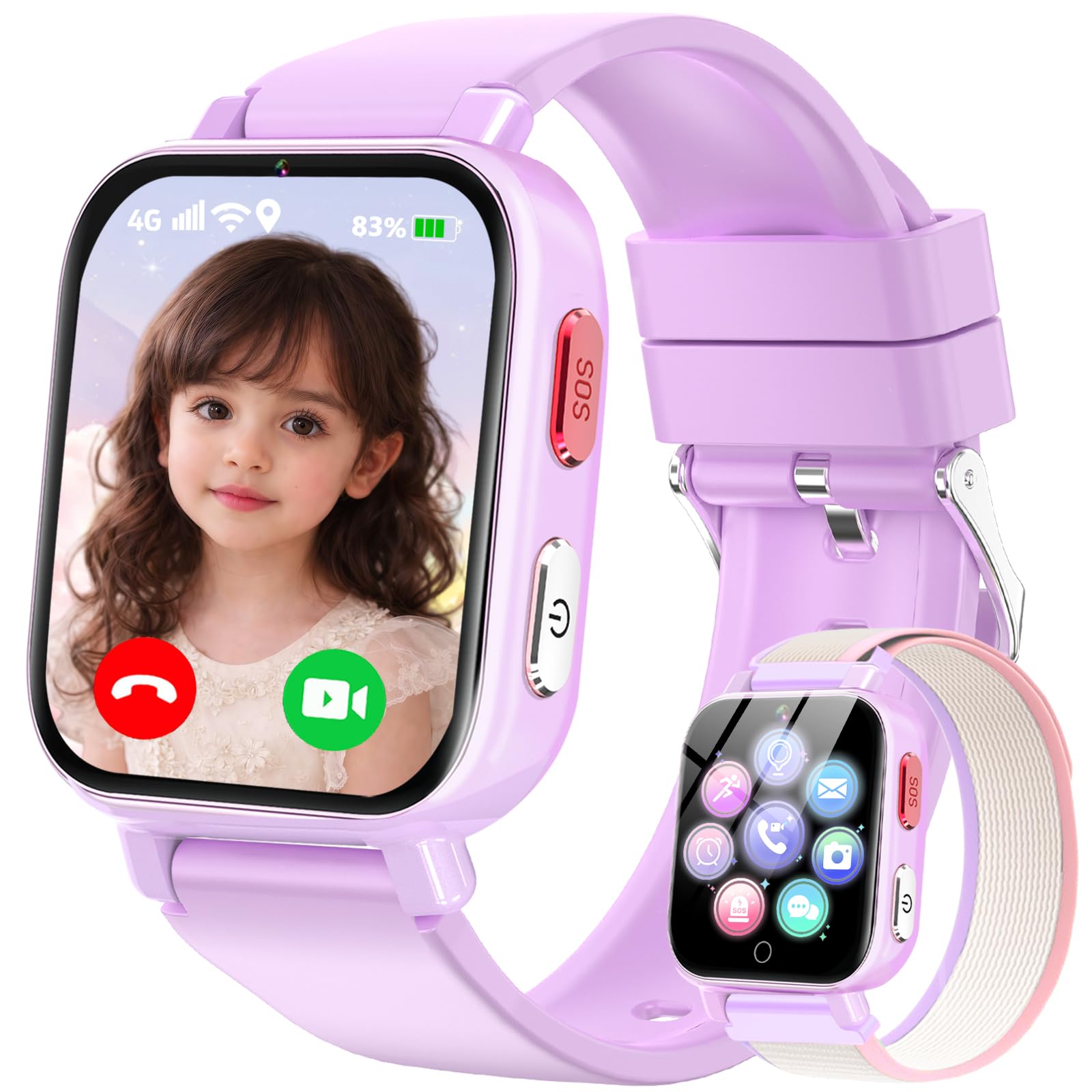 Montre Connectée Enfants GPS, 4G Smartwatch Téléphone pour Filles et Garçons avec Appel, Vidéo, SOS, Chat, Mode Classe Podomètre, Jeux, Réveil, Montre Intelligente Enfant 4 à 12 Cadeau (Violet)