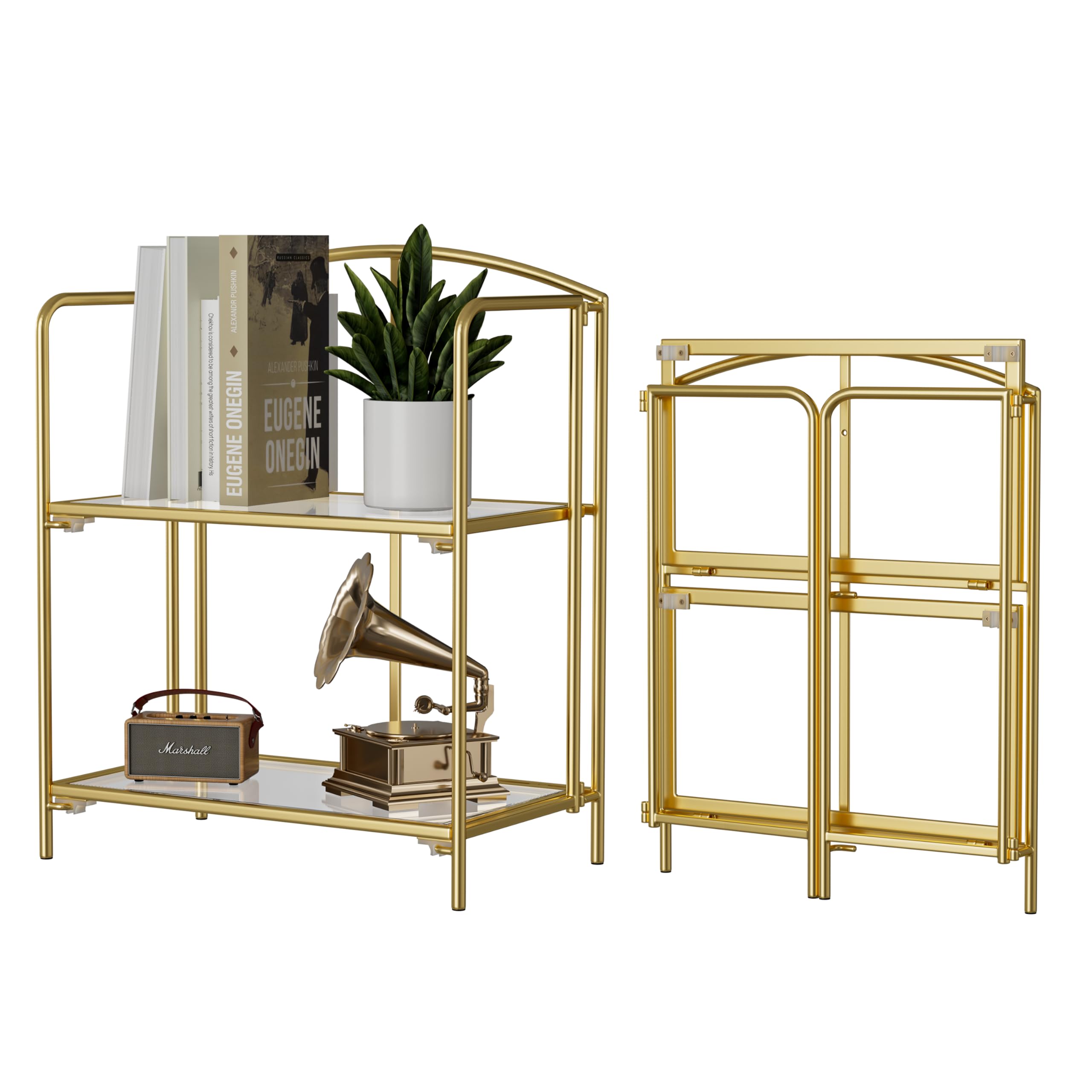 Crofy No Assembly Folding Bookshelf for Living Room, 3 Tier Gold Collapsible Book Shelf for Home Office, Portable Bookcase Storage Organizer: Gold Frame & Transparent Shelf 2 Tier