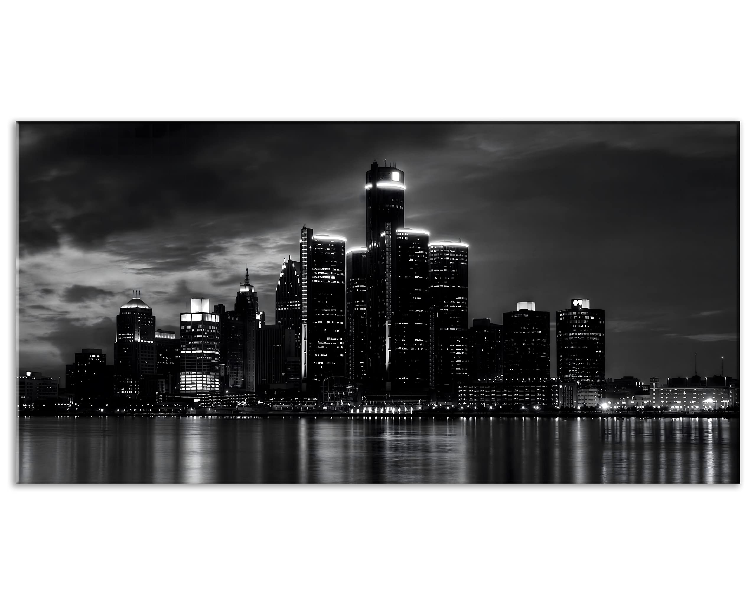 NAN Wind Detroit Skyline Canvas Wall Art Cityscape Night Scene Black & White City Art Print on Canvas Modern Giclee Framed Painting for Room Decor Home Decor Detroit Skyline Picture Prints