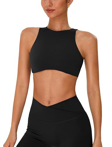 ABOCIW Womens High Neck Sports Bra Padded Cut Out Back Gym Workout Bra Sleeveless Yoga Pilates Crop Tops - Black - X-Small