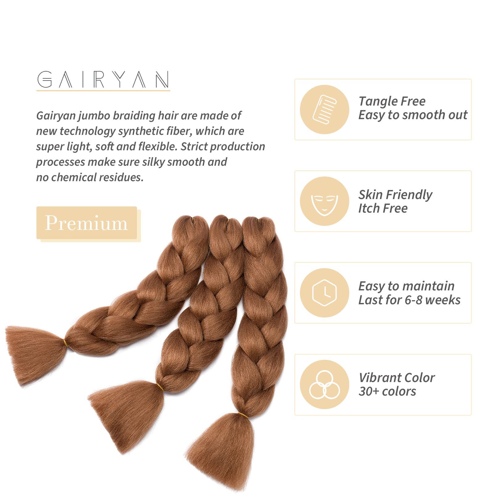 Gairyan Jumbo Braids Hair Extensions for Braiding 24" Colorful Ombre Jumbo Braiding Hair Extensions Synthetic Afro Hair Box Braids Crochet Twists 3 Bundles 300g Light Auburn - Image 3
