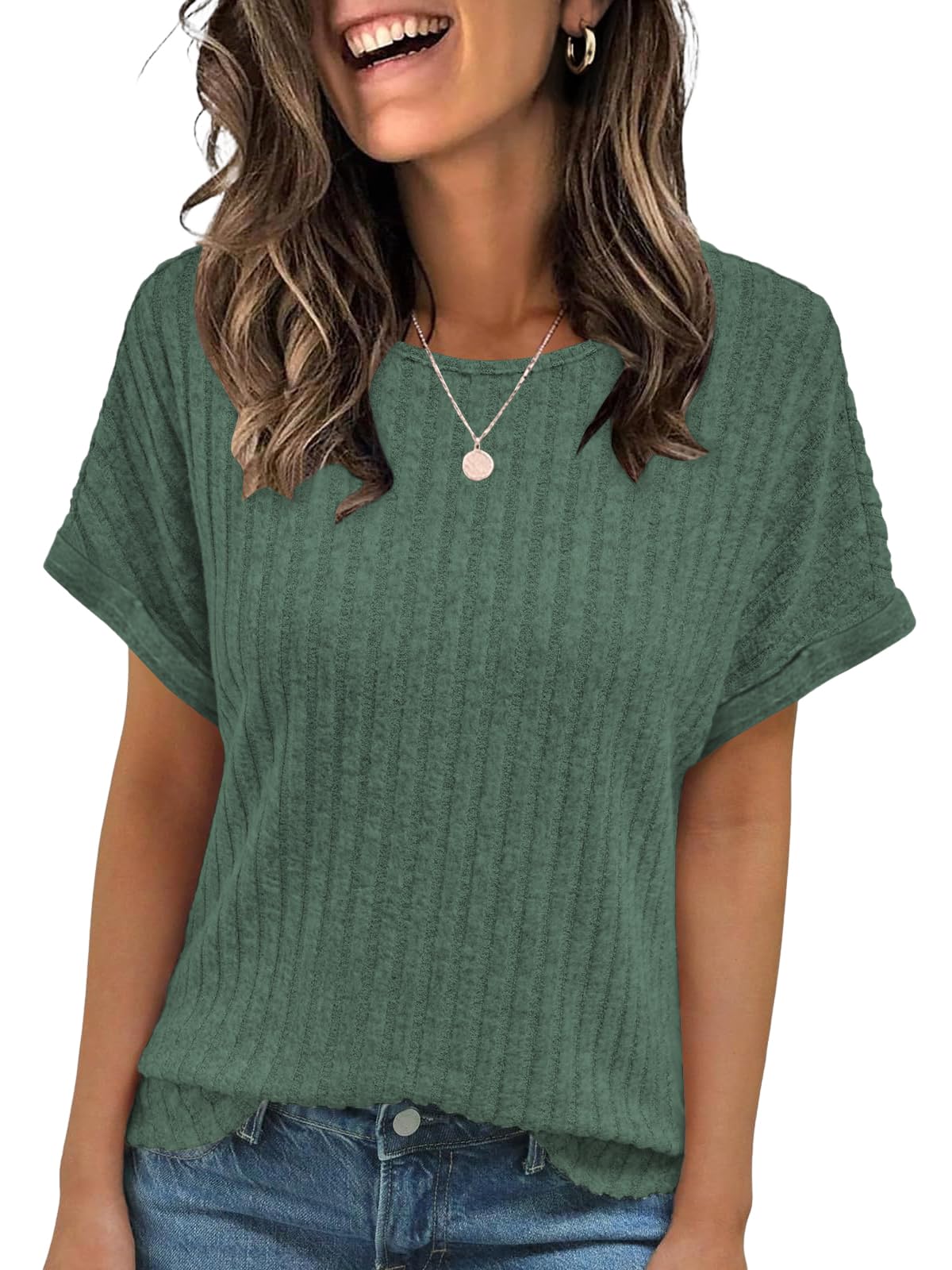 Cuptacc T Shirt Damen Rundhals Tops Für Damen Locker Kurzarm Blusenshirt Leicht Sommer Oberteil Regular Fit Grün XS 30-32