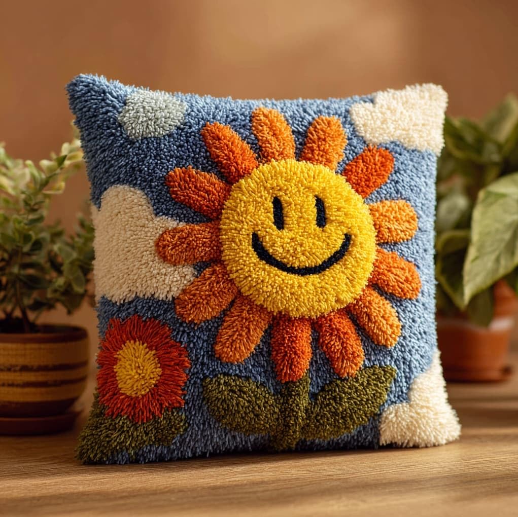 WallustrioaW Latch Hook Kit,Smiling Sunflower,Latch Hook Kits Pillow for Adults Embroidery Pattern Printed Canvas Creativity Crochet Gift,17x17in
