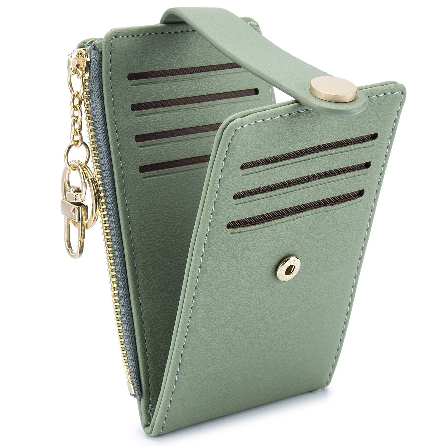 POIUGOYASlim Wallet for Women,RFID Blocking Bifold Credit Card Holder with Zipper Coin Pocket,ID Window,Keychain, 1-PU Leather-Green, Minimalist