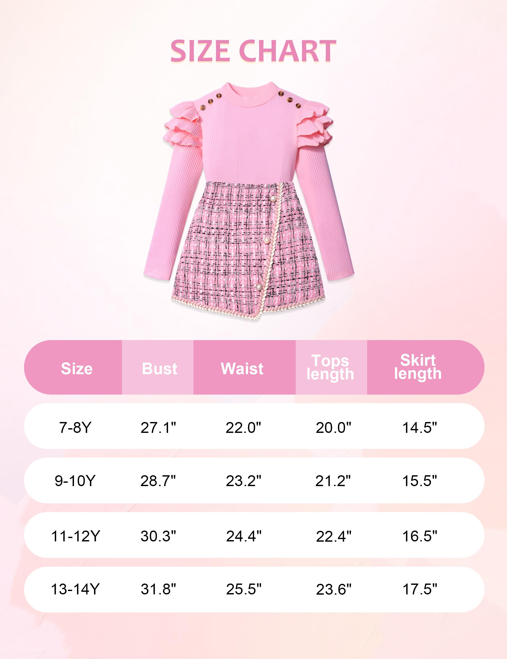 Conjunto de falda para niñas de manga larga con volantes y falda a cuadros, conjunto de ropa para niñas de 2 piezas
