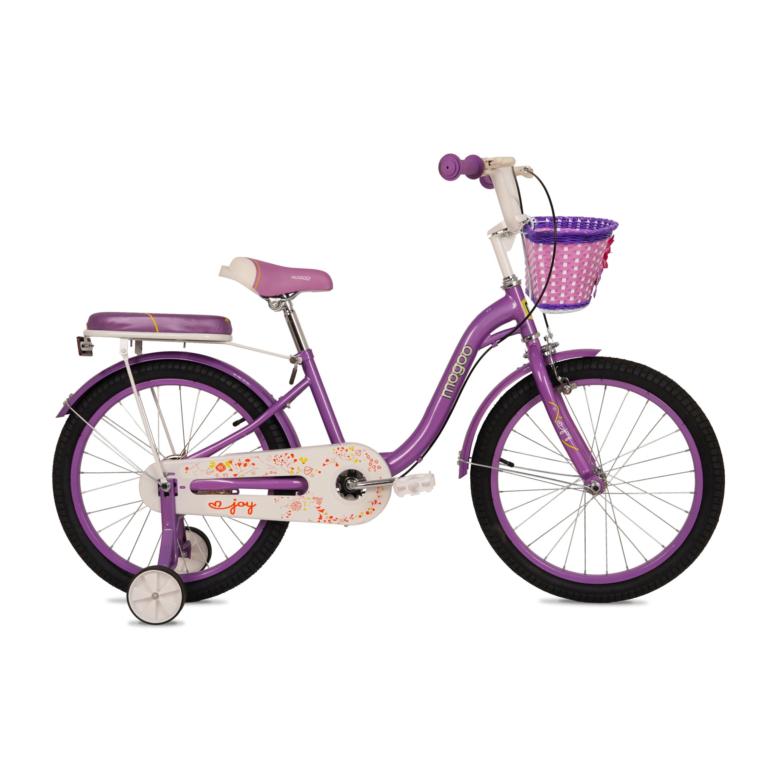 Mogoo Joy Kids Road Bike With Basket for 7-10 Years Old Girls, Adjustable Seat, Handbrake, Mudguards, Rear Seat, 16/20 Inch Bicycle w/Training Wheels