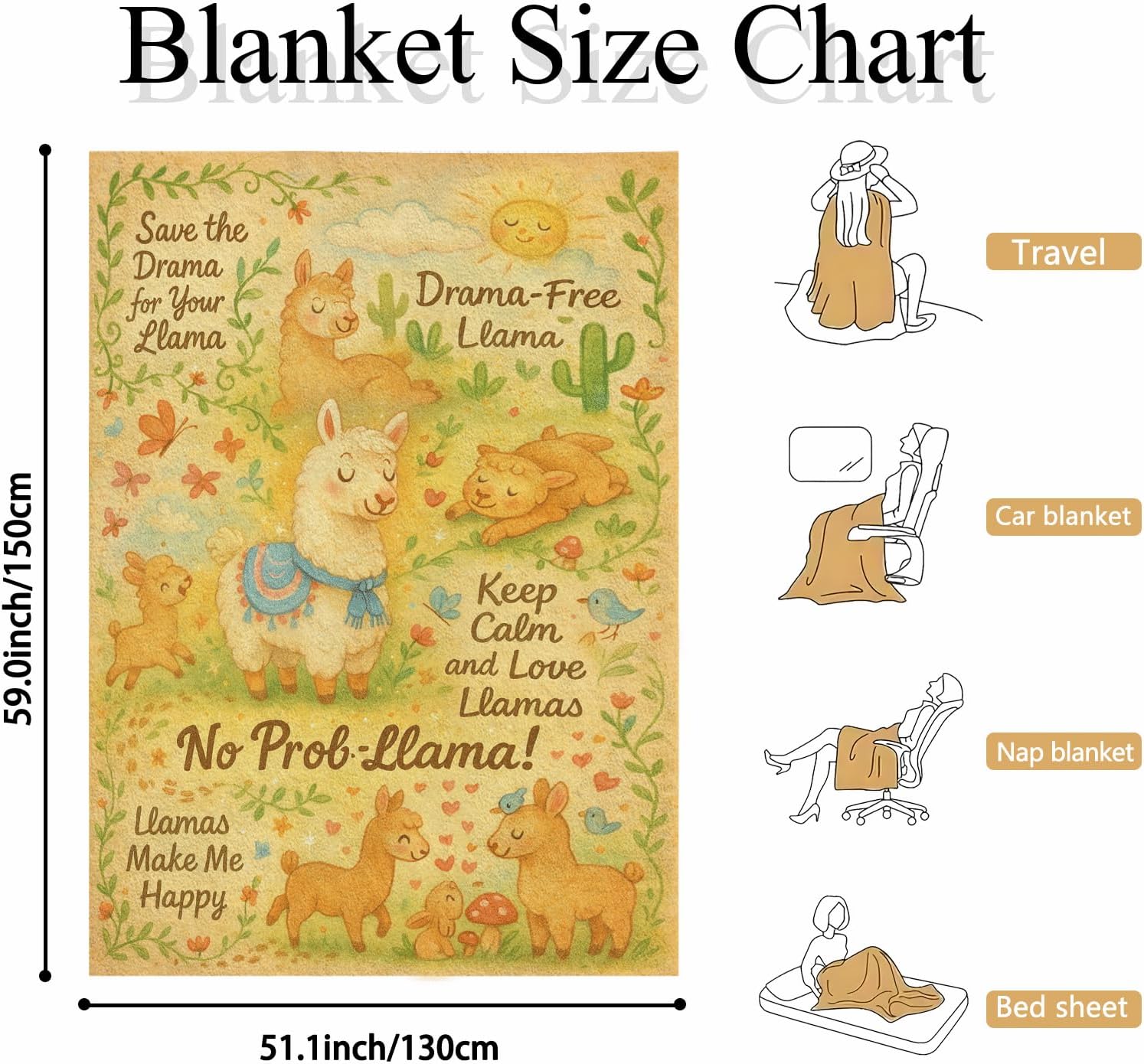 Cartoon Llama Throw Blanket 50x60 – Cozy Flannel Fleece Microfiber, Cactus Print Sofa Bed Throw, Lightweight All-Season Couch Decor, Gift for Llama Lovers, Kids Room Nursery - Image 3