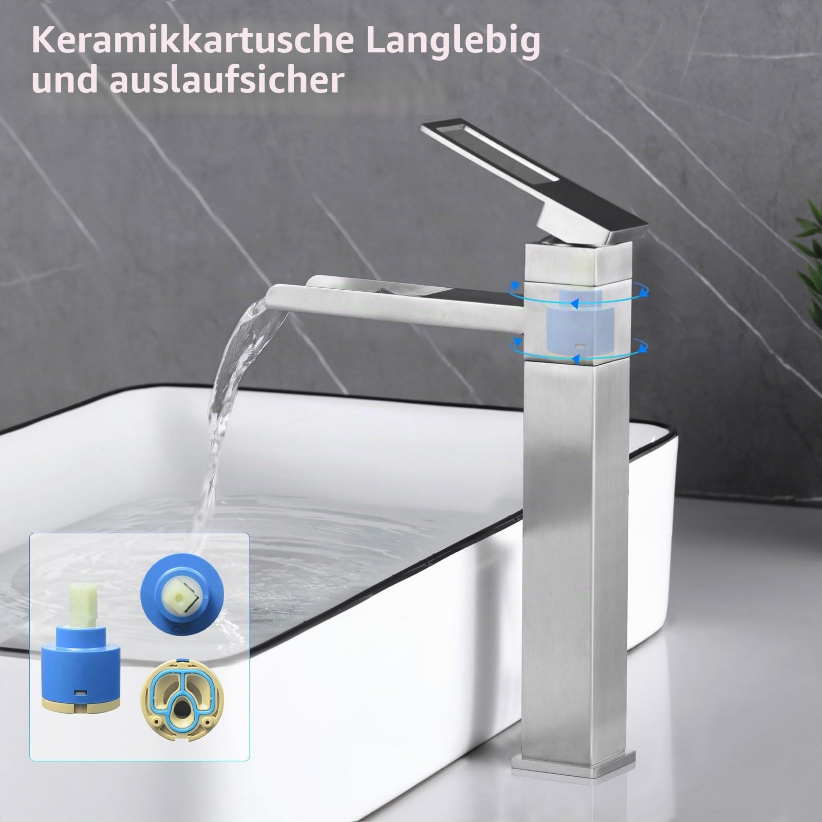 Waschtischarmatur Hoch, Wasserhahn Bad Wasserfall, 360° Schwenkbar Mischbatterie Waschtisch, Einhebelmischer für Bad, Hoch Armatur, Gebürstet, 6M2OK-T