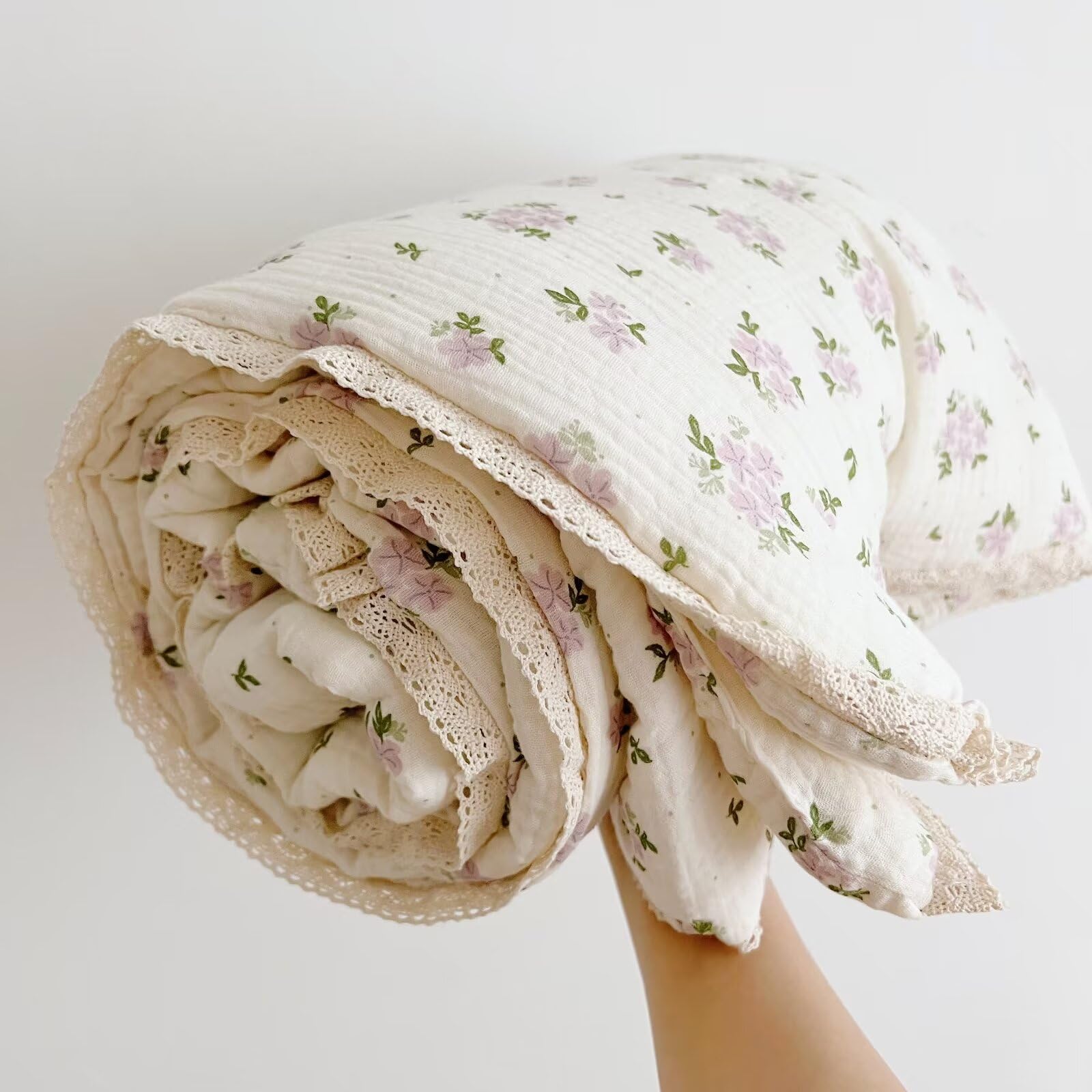 BuLuTu Purple Flower Baby Quilts for Kids Muslin Comforter Large Thin Summer Quilt for Crib/Cradle/Cot, Floral Muslin Toddler Blanket Purple Perilla Pattern, 60x78 Inch