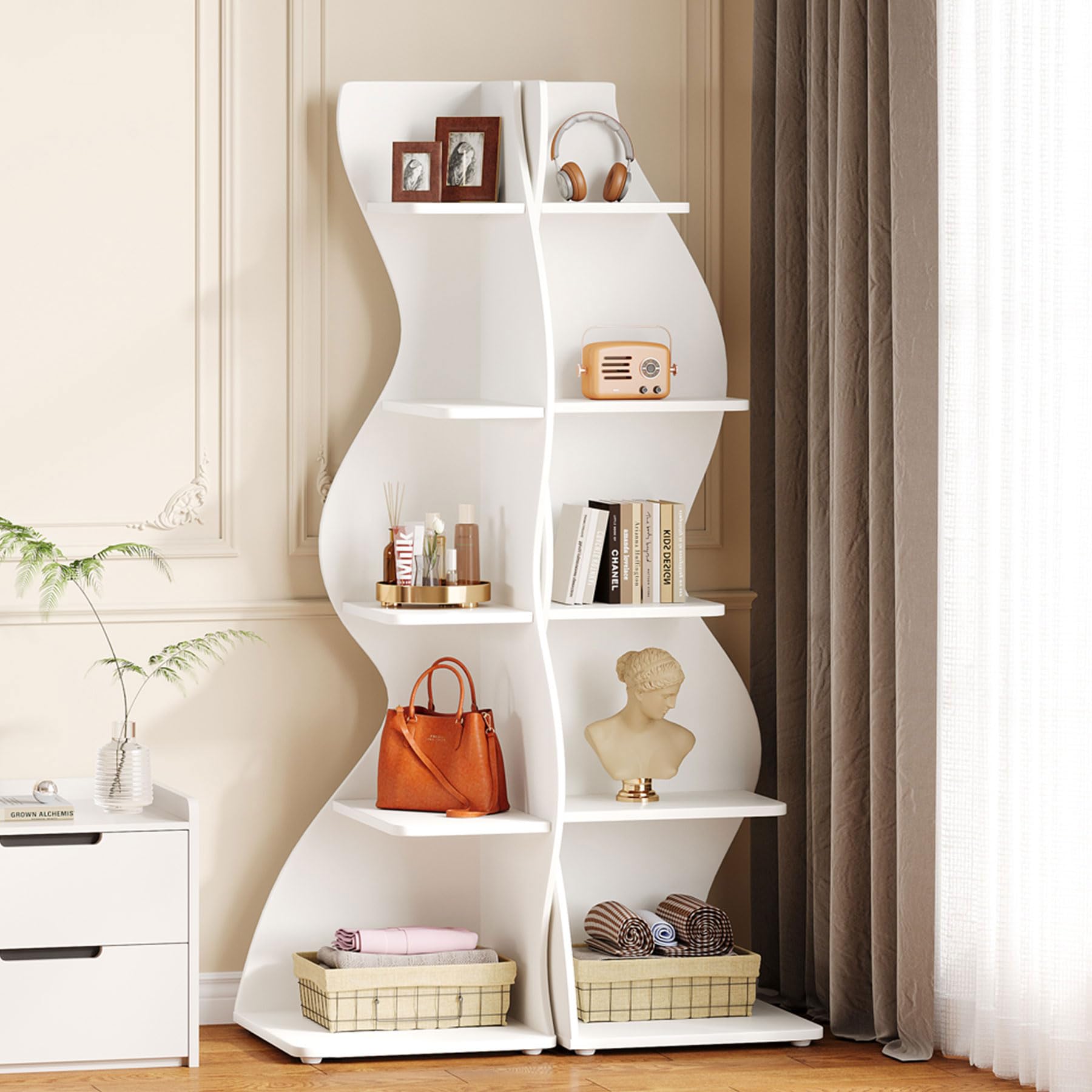 Tribesigns Wavy Corner Shelf Set of 2, Modern 5-Tier Bookshelf Etagere Bookcase with Curvy Shape, Unique Plant Stand Display Shelf for Living Room Small Space (White)