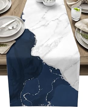 White Silver Navy Blue Table Runner,Coastal Nautical Cotton Linen Tablecloth Summer Holiday Table Decorations for Home,Kitchen,Dining Room,Indoor,Outdoor,13X70 Inches Long,Abstract Modern Marble Agate
