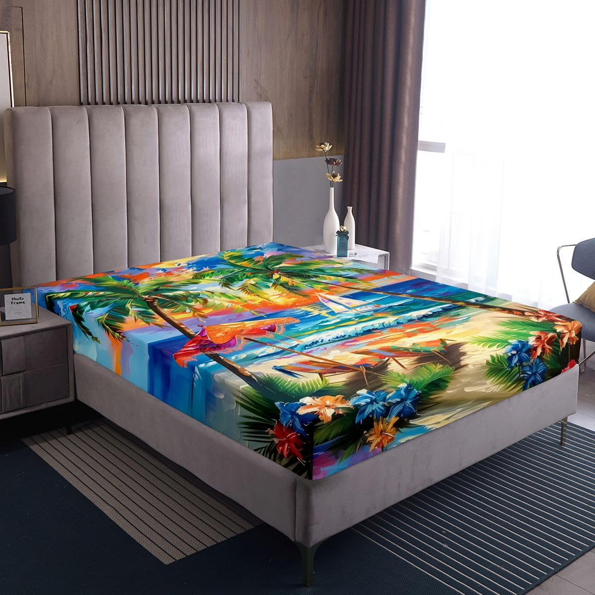 Juego de sábanas bajeras de playa tropical, tamaño King, con palmeras y sillas de playa, decoración de habitación para niños, adolescentes y adultos, juego de ropa de cama con diseño de velero