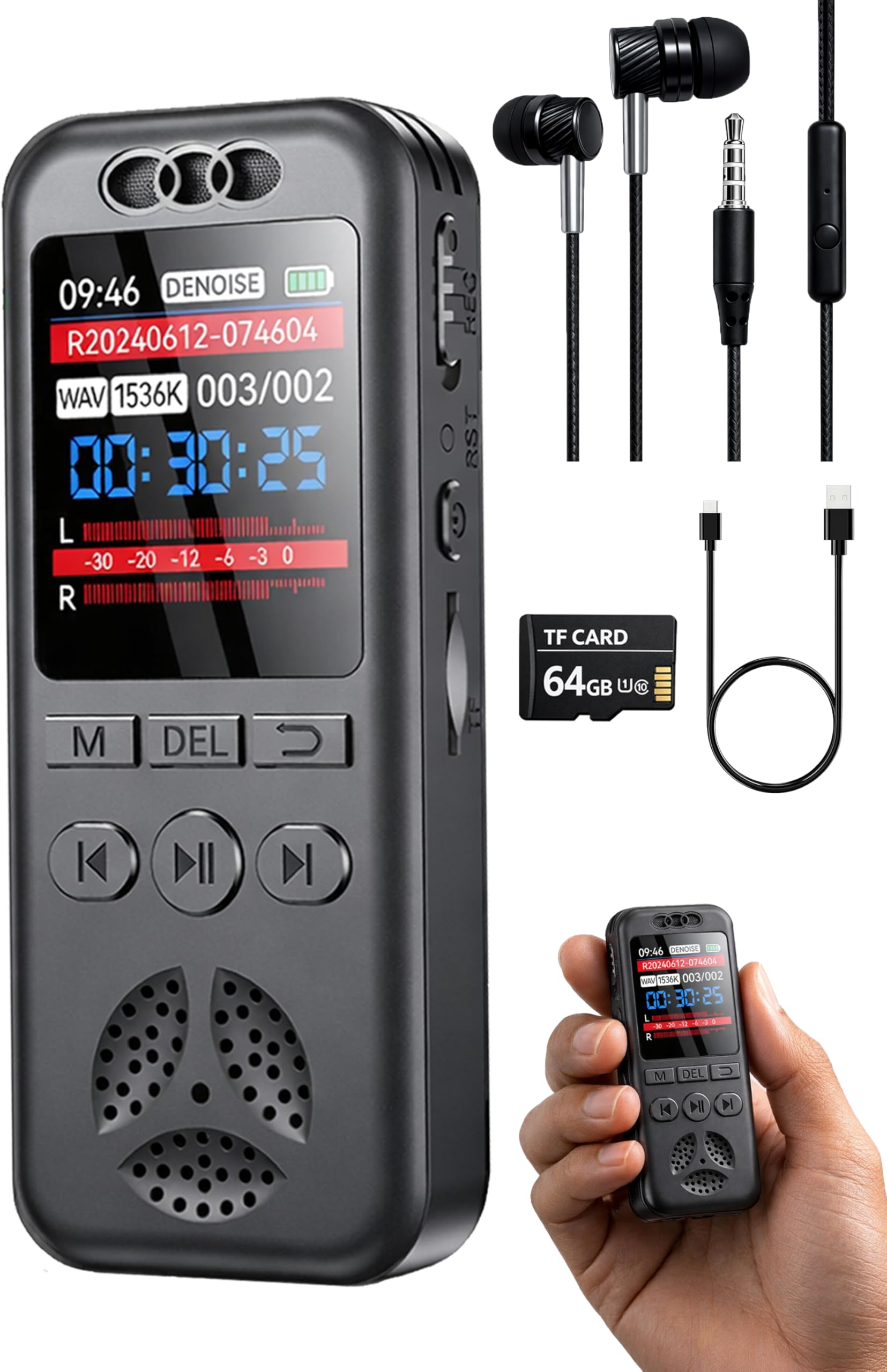 Cappsu 64GB Digital Voice Recorder with Playback, Small Voice Activated Recorders, 1536Kbps Audio, 70dB Noise Reduction, A-B Repeat Recording Device