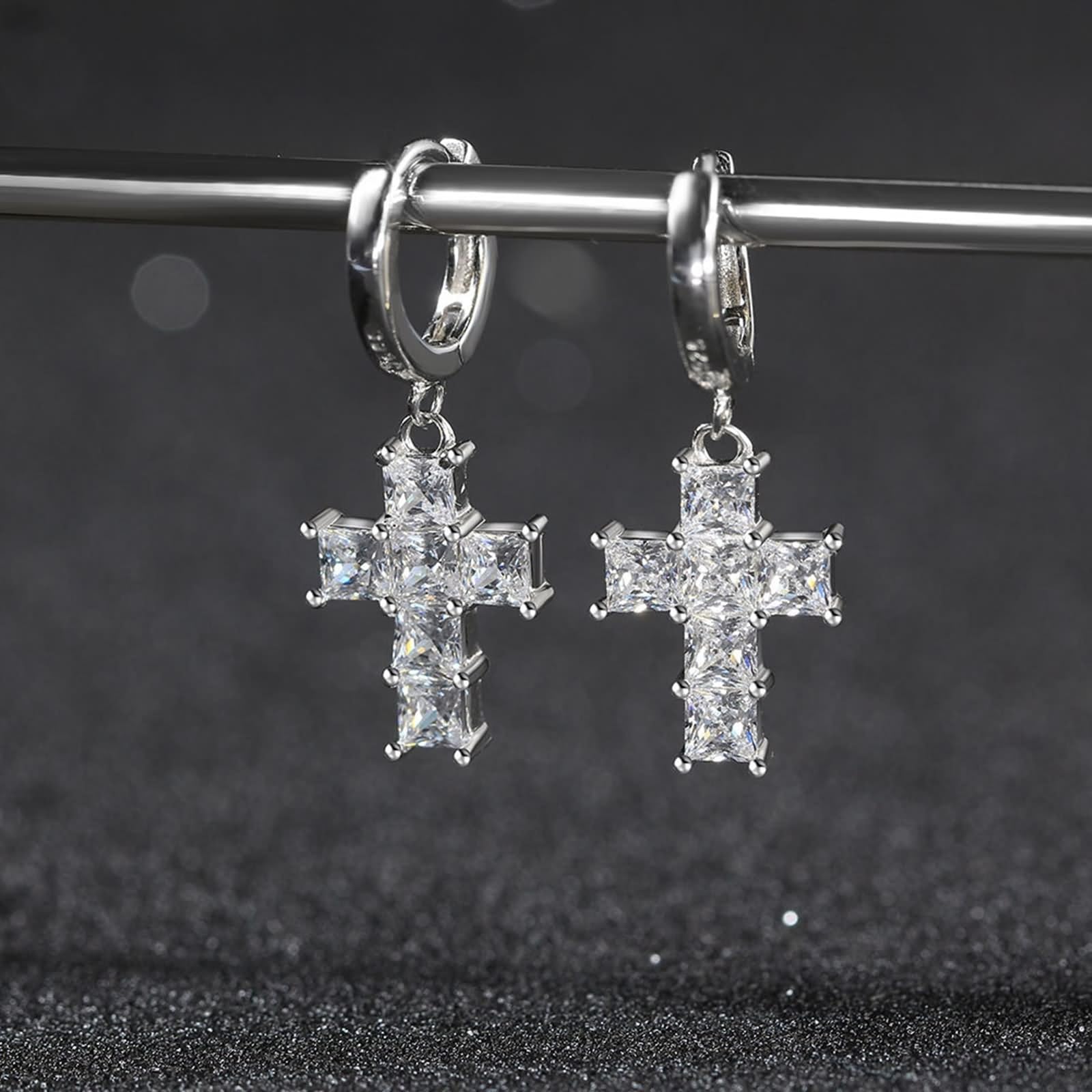 Pendientes de moda de plata, pendientes colgantes para mujer, aro con circonita cúbica cuadrada, cruz de plata de ley