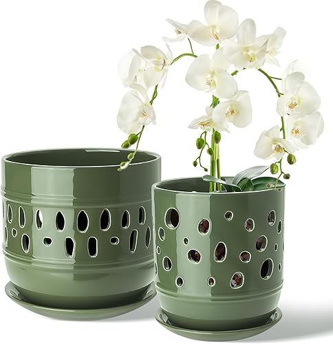COLOAPT Macetas de orquídeas, macetas de orquídeas de 5+6 pulgadas con agujeros, maceta de cerámica con drenaje y platillo, mejoran la buena