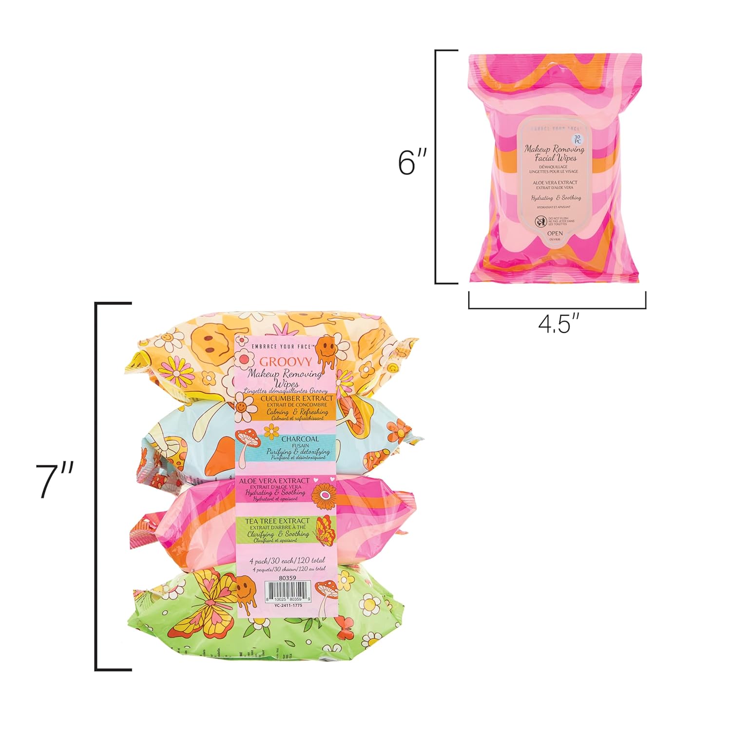 Embrace Your Face 120pc Makeup Removal Wipes Variety Set | 4-Pack Groovy Botanical Makeup Remover Facial Cleansing Towelettes with Charcoal, Tea Tree, Cucumber, & Aloe Vera - Image 6