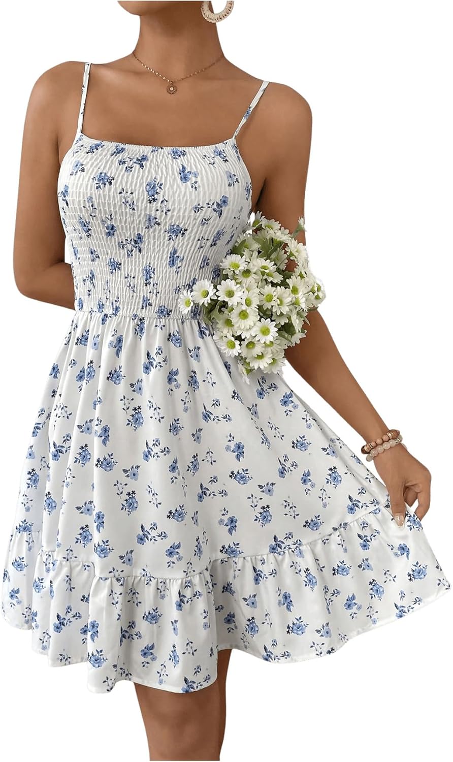 Milumia Women's Summer Floral Mini Dress Smocked Ruffle Spaghetti Strap Flowy Boho Cami Dress