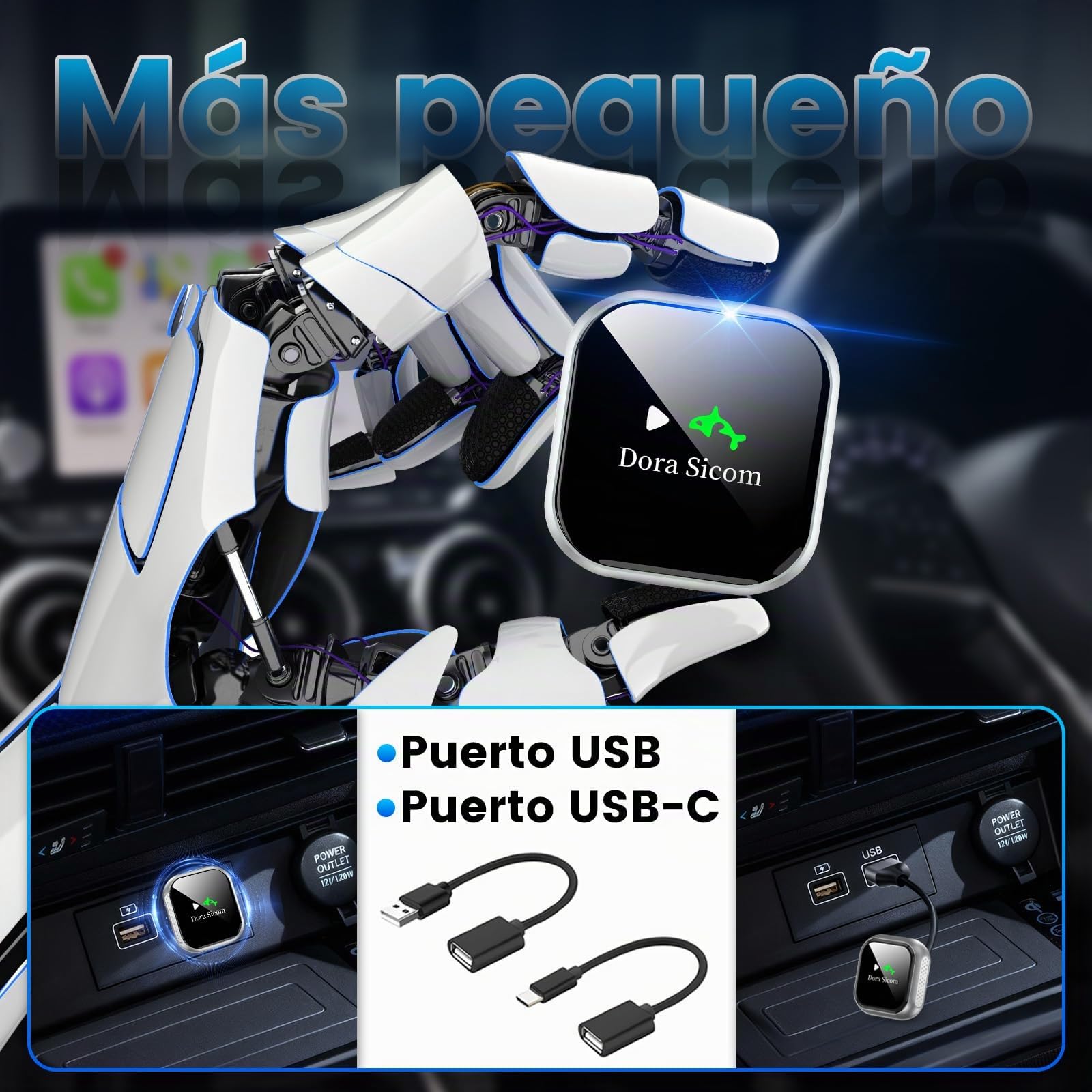 Dora Sicom Adaptador CarPlay Inalámbrico y Android Auto 2 en 1, USB Wireless para Apple Car Play en Coche, 5GHz WiFi Bluetooth 5.3, Conexión Automática y Estable para Vehículos de Fábrica