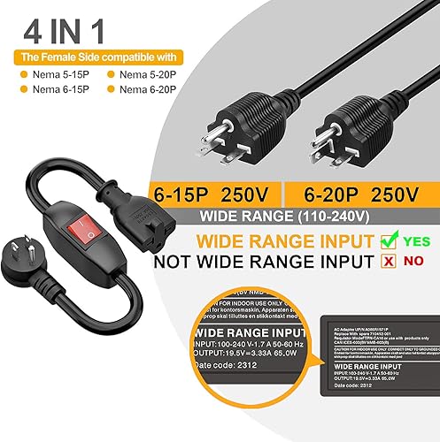 Miniatura 5 de Cable de extensión de interruptor de encendidoapagado 4 en uno en ángulo resistente 12-AWG 15A enchufe doméstico a 20 A T Blade Cable adaptador con