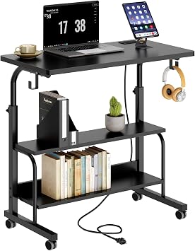 sogesfurniture 31.5" Height Adjustable Standing Desk with Power Outlets, Rolling Stand Up Desk Portable Computer Desk Mobile Laptop Table with Wheels for Home Office, BHUS-05-1-80BK-PRO-NA