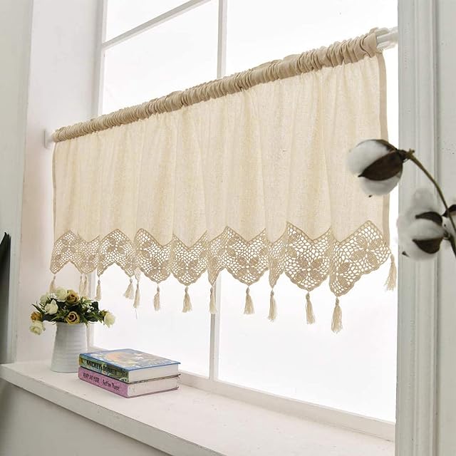 ZHH Linen Kitchen Curtain Hollow Crochet Lace Tassel Curtains, Natural Cotton European Rural Style Window Valance Cafe Curtain, 30x150cm