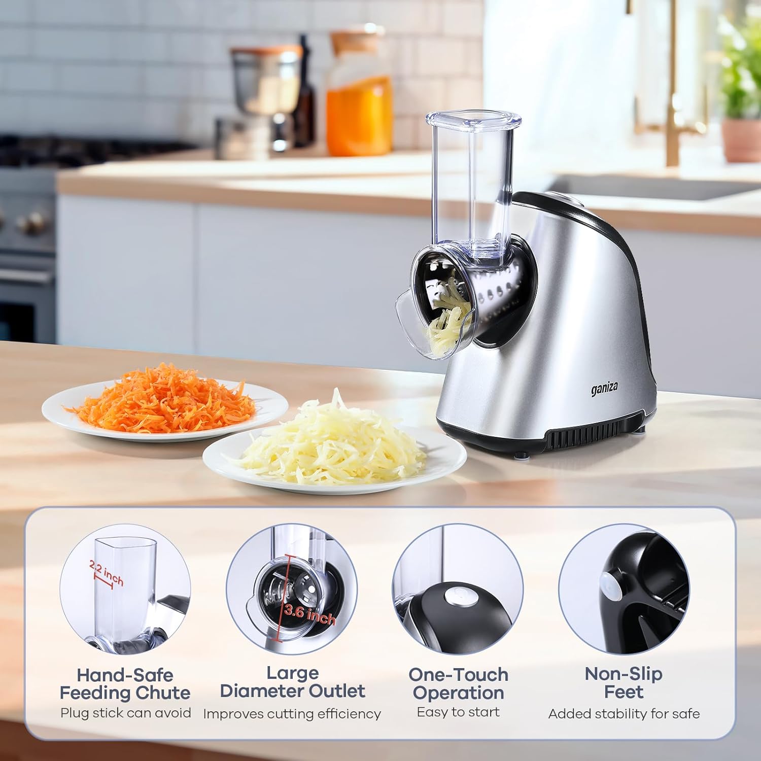 Close-up of the electric grater highlighting the hand-safe feeding chute, large diameter outlet, one-touch operation button, and non-slip feet.