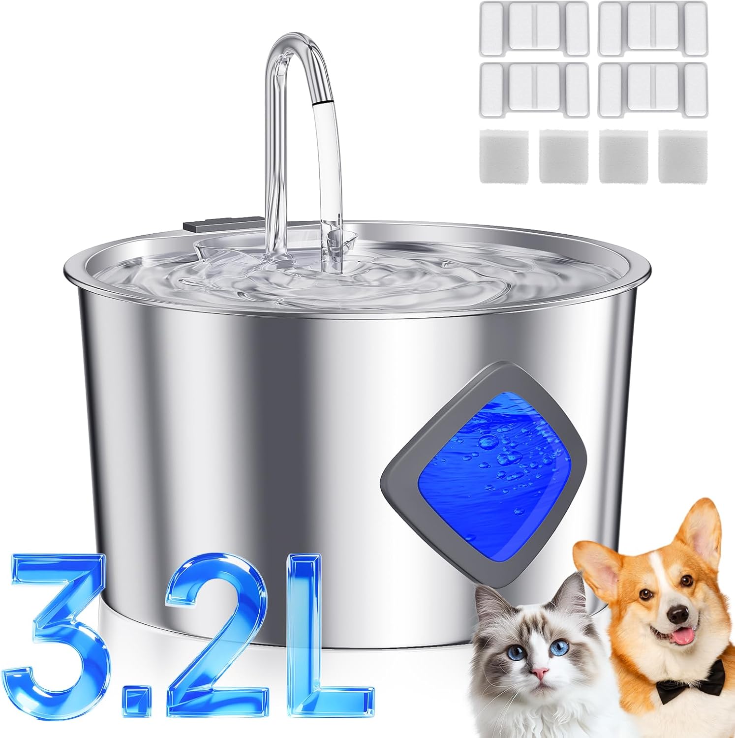3.2L cat Water Fountain with 4 Filters and sponges, and a Bundled Product with 8 Filters + 8 sponges.