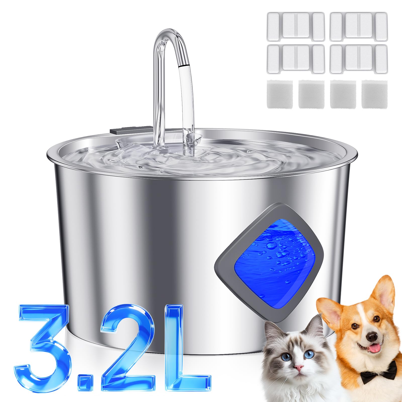 Cat Water Fountain Stainless Steel: 108oz/3.2L Automatic Pet Water Fountain for Cats Indoor- Quiet Cat Water Bowl Dispenser- Drinking Fountain for Small Dogs & Kitties-4 Filters + 4 Sponges