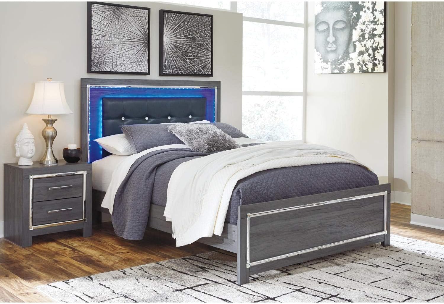 BOWERY HILL Tufted Full Queen LED Panel Headboard, Gray Faux Leather Upholstery, Engineered Wood, LED Lights with Remote, Chrome Metal and Faux Crystal Accents, 52.8" H x 63.39" W x 3.15" D