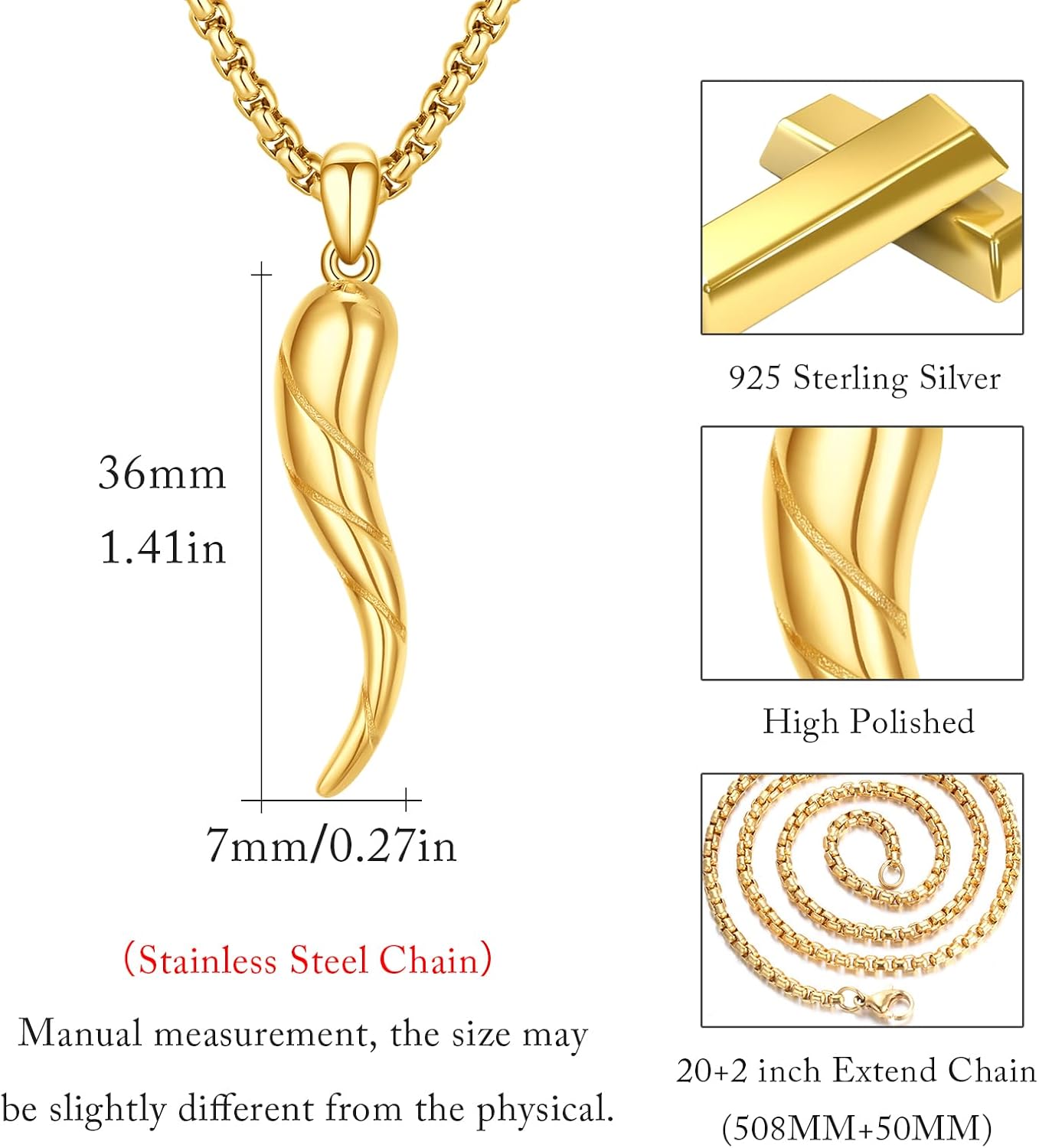 Italian Horn Necklace 925 Sterling Silver Cornicello Lucky Pendant Necklaces Jewelry for Men Women with 316L Stainless Steel Chain and Gifts Box - Image 4
