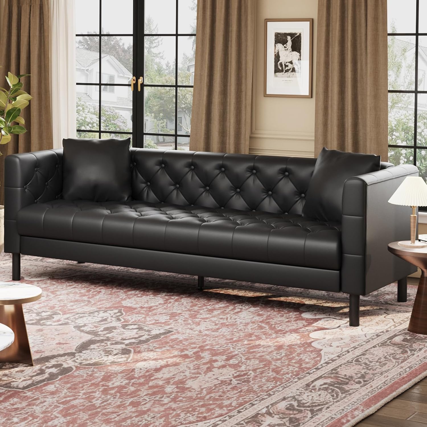 Garvee 81 Inch Leather Couch for Living Room, Modern Leather Sofa with Deep Seat, Handmade Button Tufted 3 Seater Sofa, Chesterfield Couch for Apartment, Office, Black - Thumbnail 4