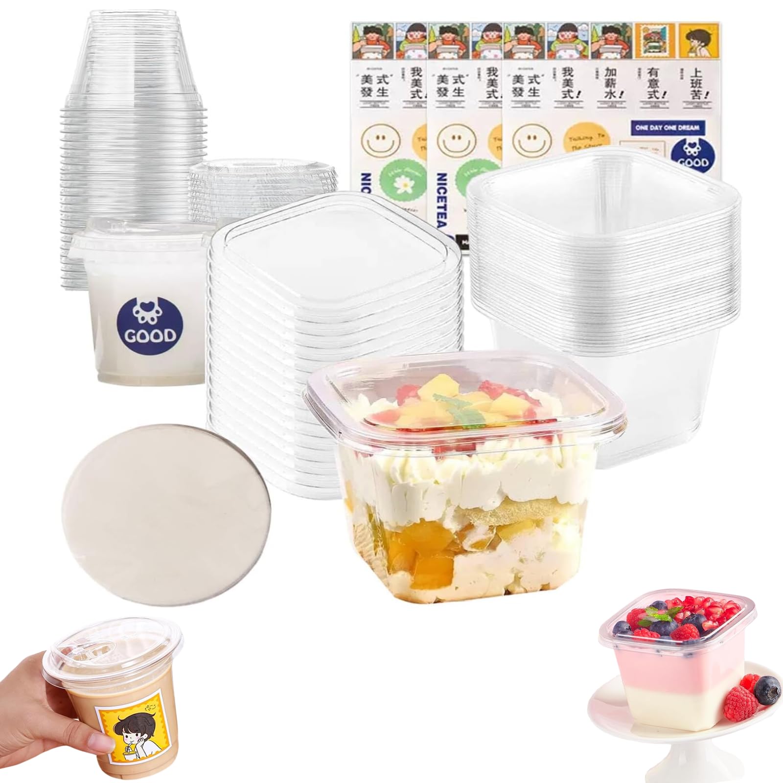 Wrbugukeji Dessert Cups with Lids, 40 Pcs Clear Parfait Appetizer Cup, Cheesecake Pots Clear Plastic Parfait Cups for Dessert Pudding Fruit Mousse Ice Cream(Square and Round)