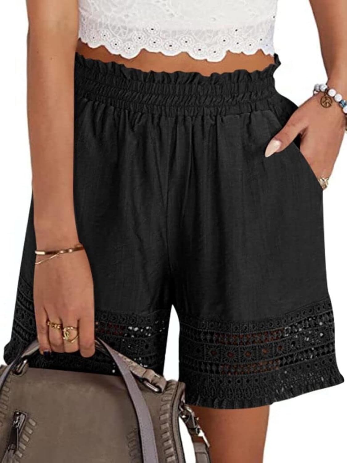 Women's Casual Elastic Waist Lounge Shorts, Summer Beach Linen Ruffle Shorts