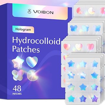Hologram Pimple Patches for Face, Cute Hydrocolloid Acne Patches, Salicylic Acid & Tea Tree Colorful Star Spot Stickers,Zits & Blemish,Blue Pink Heart Moon Butterfly,Zit Patches,12MM48 Count