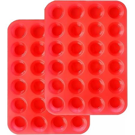 Silicone Mini Muffin Pan Set, 24 Cups Cupcake Pan 2-Pieces, Nonstick Silicone Baking Pan,Mini Muffin Tin BPA Free and Dishwasher Safe, Great for Making Muffin Cakes, Tart, Bread (24 Cups Red,2 PCS)